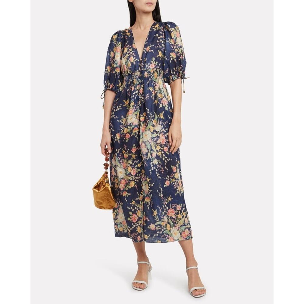 Zimmermann Zinnia Shirred Waist Floral Linen Dress Cobalt‎ Blue Womens 2 / US M